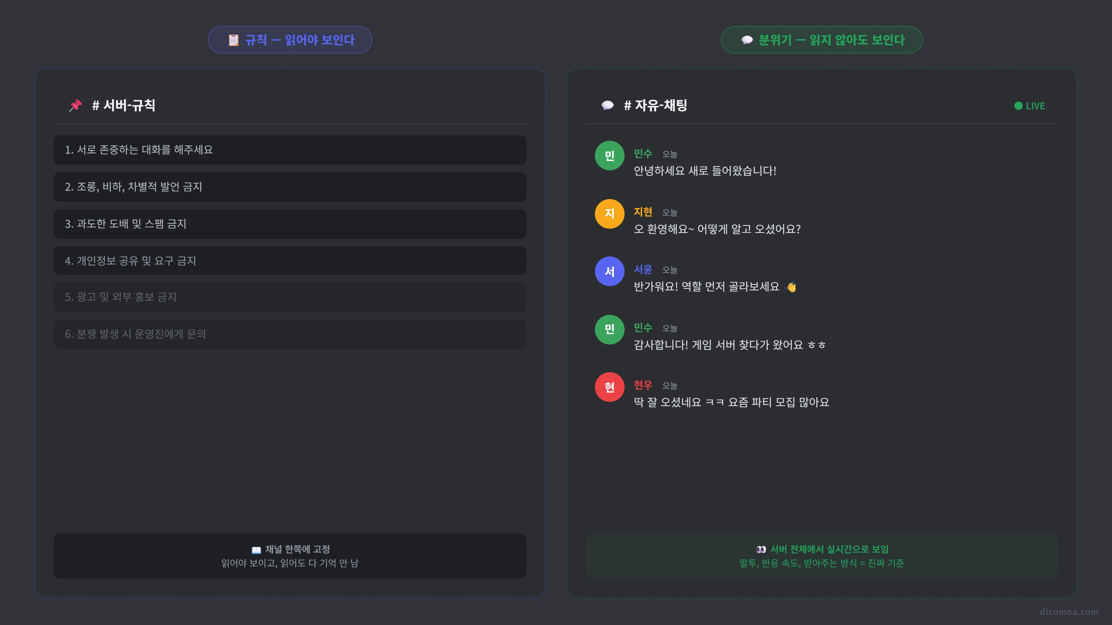 규칙 채널에 정리된 규칙과 자유채팅에서 실시간으로 보이는 분위기 비교