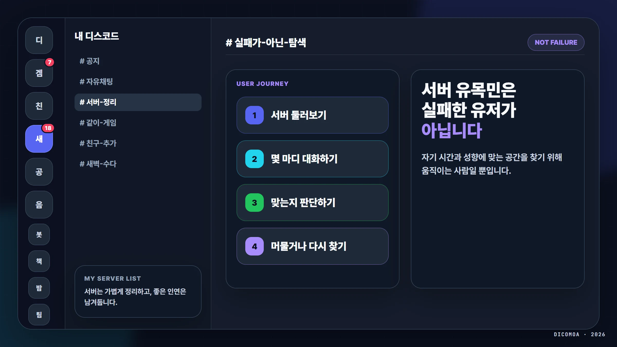 디스코드 서버 유목민은 실패한 유저가 아니라 맞는 서버를 찾는 사람이라는 메시지