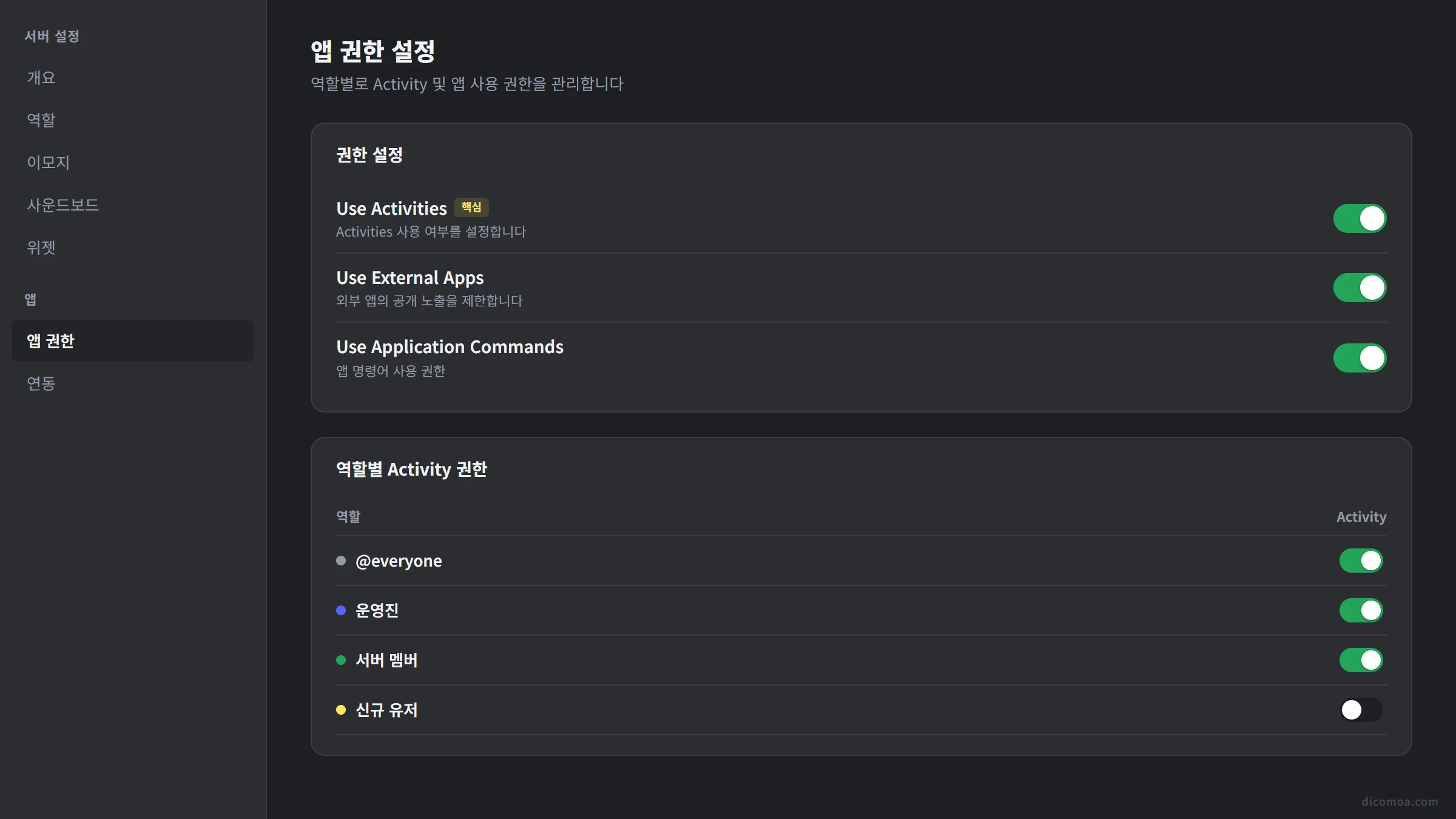디스코드 Activity 권한 설정 화면