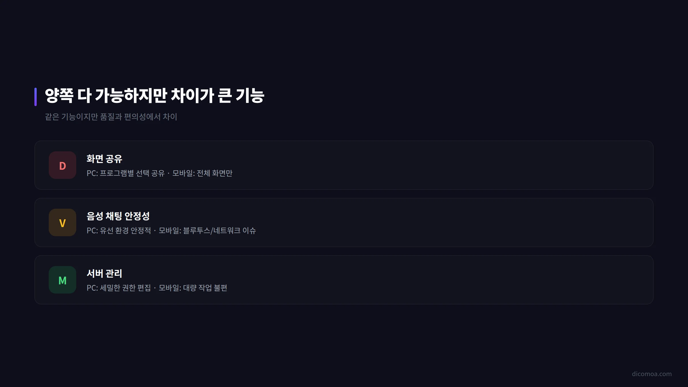 양쪽 차이가 큰 기능 비교