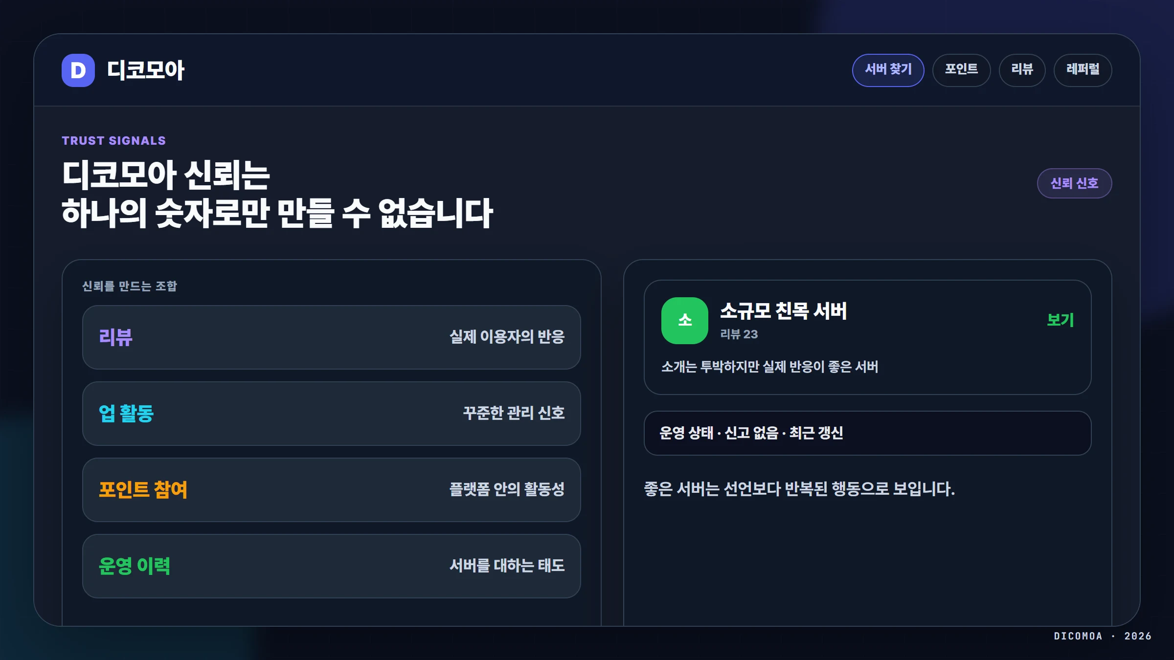 디코모아 신뢰 리뷰 업 활동 포인트 참여 디스코드 커뮤니티 구조
