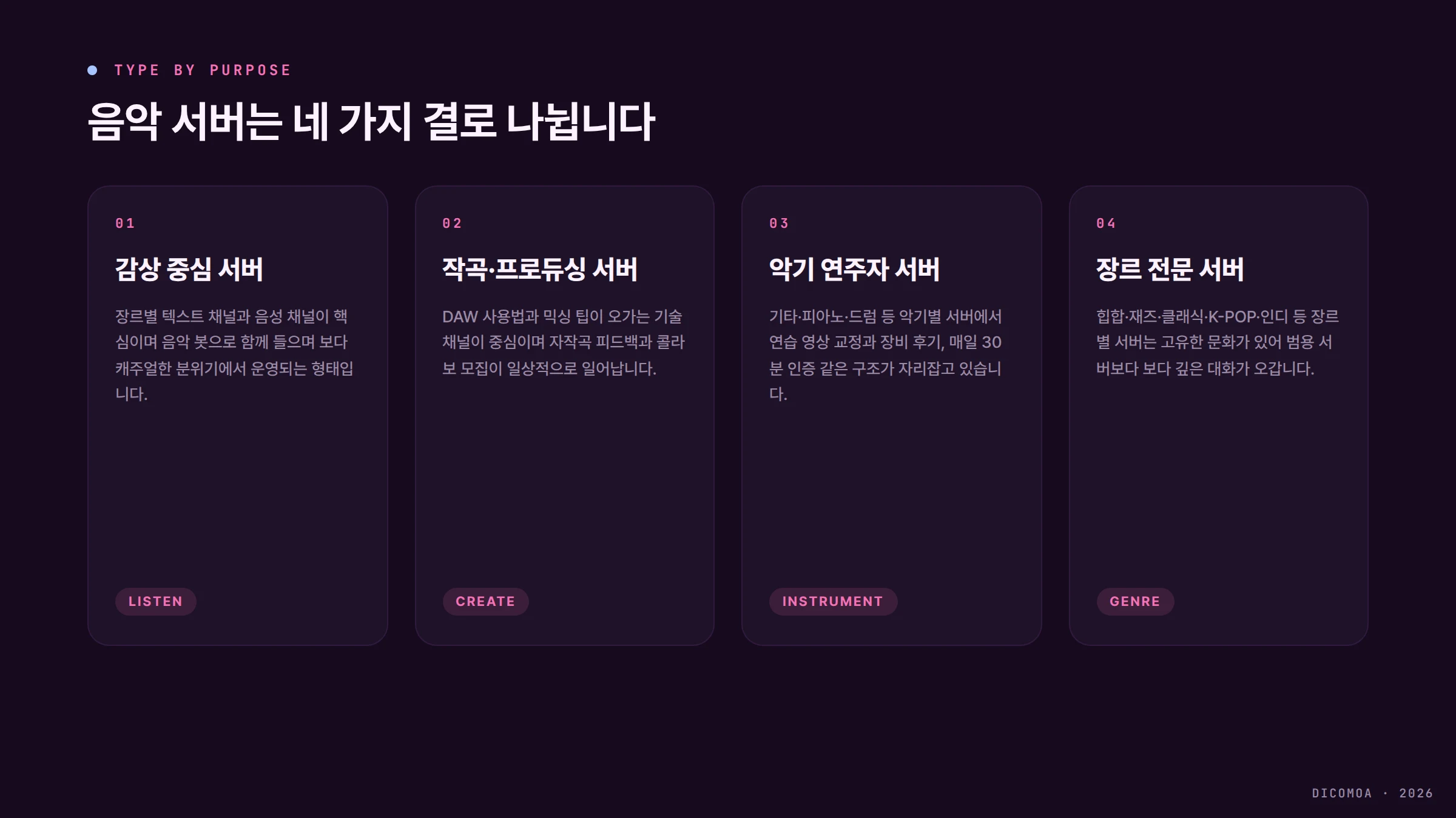 음악 서버 네 종류 감상 작곡 악기 장르 비교 카드